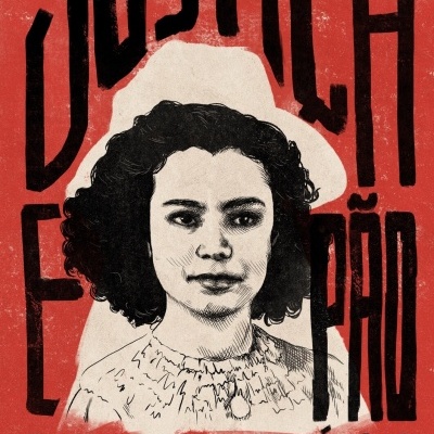 Retrato ilustrado da mulher Catarina Eufémia com texto JUSTIÇA E PAZ CATARINA EUFÉMIA em fundo vermelho.
