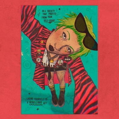 Ilustração colorida de pessoa com cabelo verde, casaco às riscas, óculos e texto em inglês