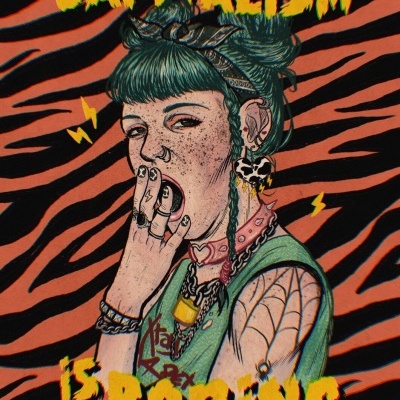 Ilustração de pessoa punk com fundo animal print e texto CAPITALISM is BORING.