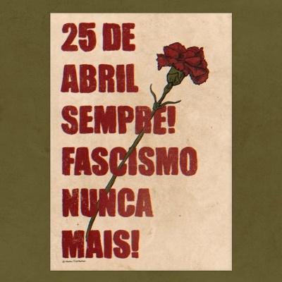 Poster com texto vermelho e ilustração de um cravo vermelho no fundo bege