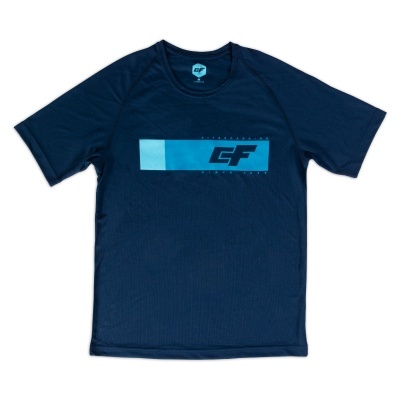 T-shirt azul escura com estampa GF azul claro no centro