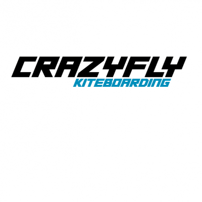 Logo CRAZYFLY KITEBOARDING com texto preto e azul sobre fundo branco