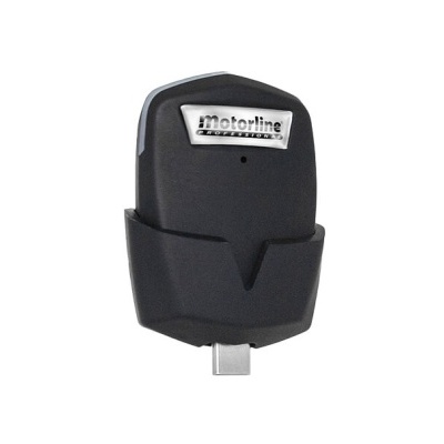 Comando remoto preto com botão prateado e texto MOTORKING