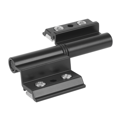 Pivô de porta preto em metal e plástico com parafusos prateados