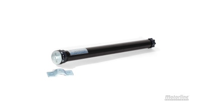 Motor tubular preto cilíndrico com suporte metálico e etiqueta em fundo branco