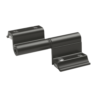 Dobradiça metálica preta com quatro orifícios para parafusos