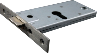 Fechadura metálica cinzenta retangular para porta com orifícios para chave e parafusos.