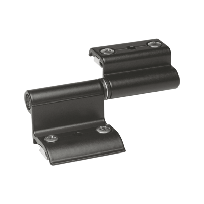 Dobradiça metálica preta com eixo central e parafusos