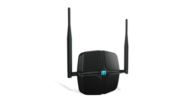Roteador Wi-Fi preto com duas antenas e logótipo azul