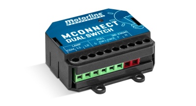 Dispositivo motorline mCONNECT DUAL SWITCH preto e azul com terminais verdes e vermelhos