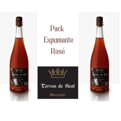 Duas garrafas de Espumante Rosé Terras de Real com rótulos pretos e texto branco e dourado