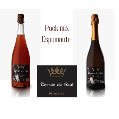 Duas garrafas de espumante Terras de Real com cores e tampas diferentes, texto e selo da marca