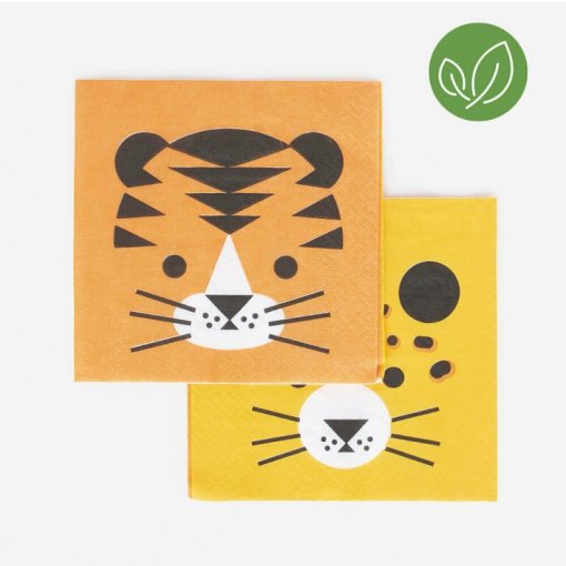 Dois panos de cozinha com estampas de rosto de tigre e leopardo em laranja e amarelo