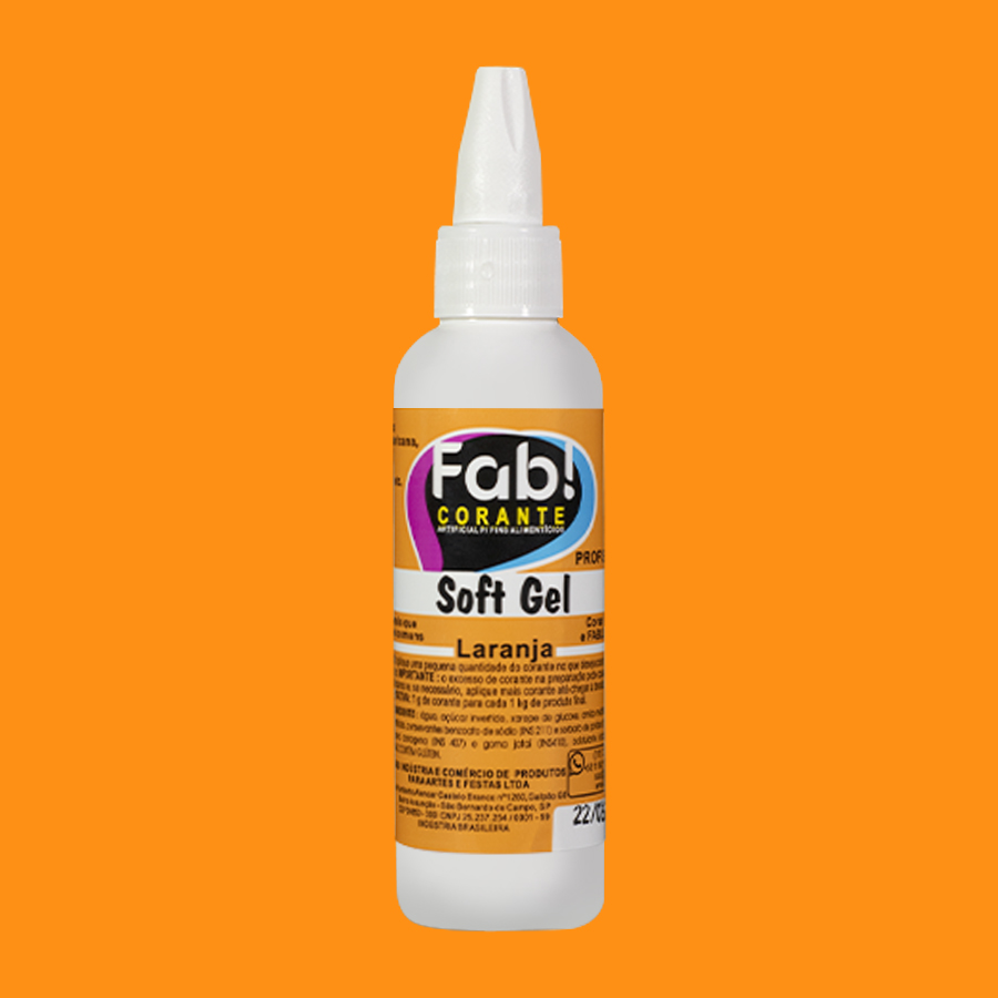 Corante SoftGel Laranja Frasco de plástico branco com rótulo laranja e tampa bico dosador