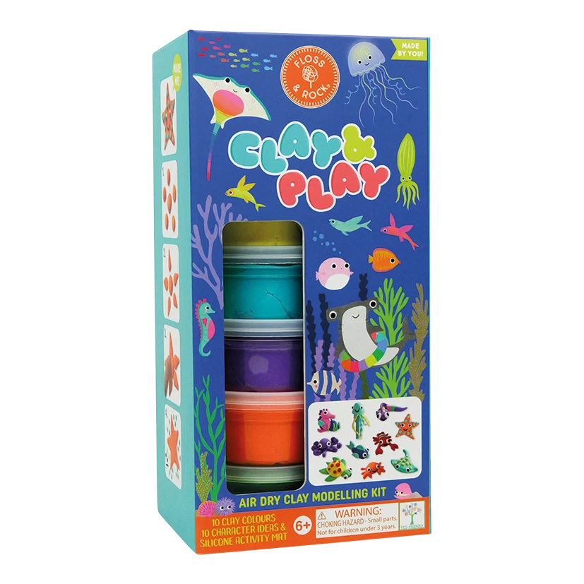 Clay & Play - Oceano Kit de modelagem de massa Clay & Play com potes coloridos e ilustrações de animais marinhos