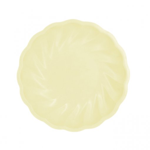 Prato redondo creme com bordas onduladas e padrão em espiral