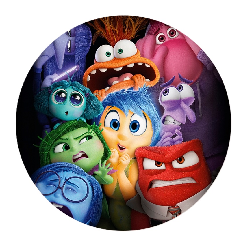 Impressão comestível Redonda Divertidamente Personagens animados coloridos do filme 'Inside Out' com várias expressões faciais num fundo escuro