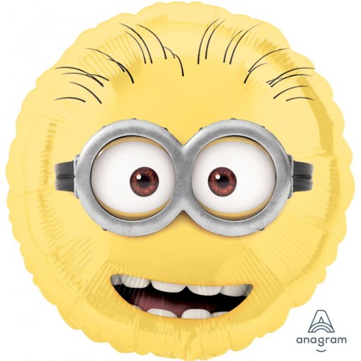 Balão amarelo em forma de rosto de personagem com óculos redondos e sorriso