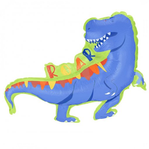 Balão metalizado em forma de dinossauro azul com palavra ROAR