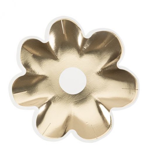 prato metálico dourado em forma de flor com orifício central