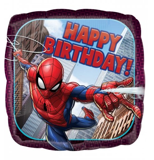 Balão quadrado roxo com Homem-Aranha e texto HAPPY BIRTHDAY