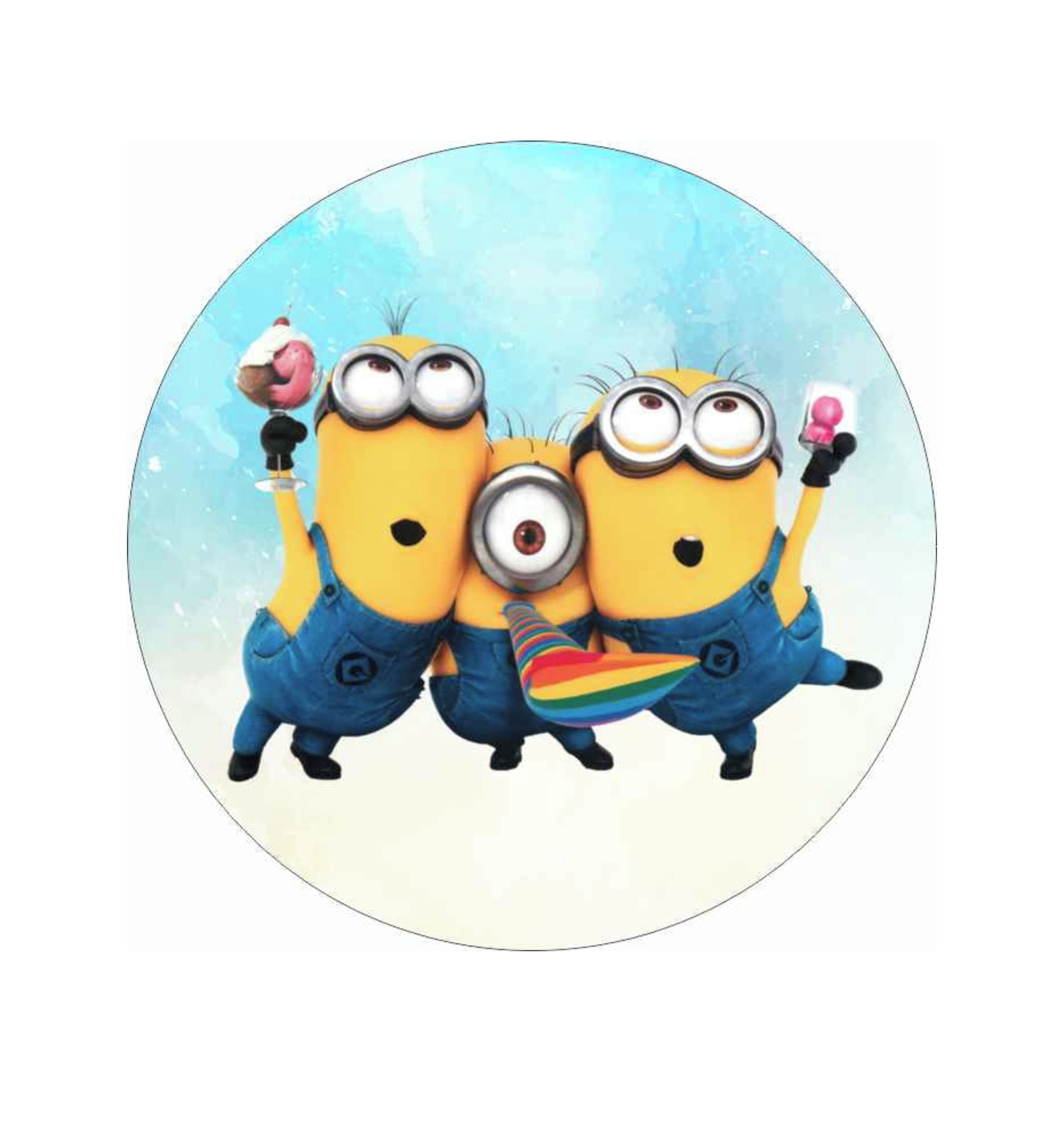 Impressão comestíveis redonda Minions Três Minions amarelos com macacão azul em fundo azul e branco
