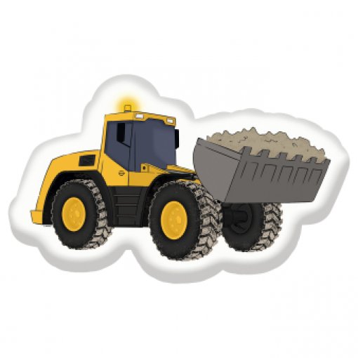 Trator amarelo com pá carregadora cheia de terra em fundo branco