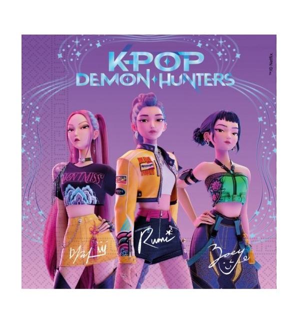 Três personagens animadas K-pop com roupas coloridas e fundo roxo com texto K-POP DEMON HUNTERS