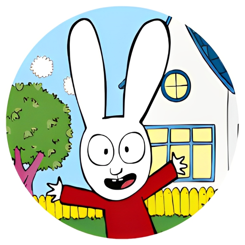 Impressão comestível redonda Coelho Simão Ilustração de coelho branco com camisola vermelha em frente a casa e árvore