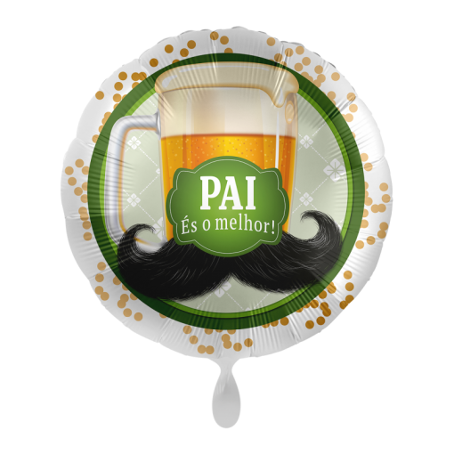 Balão redondo metálico com copo de cerveja, bigode e texto 'PAI És o melhor!' em verde