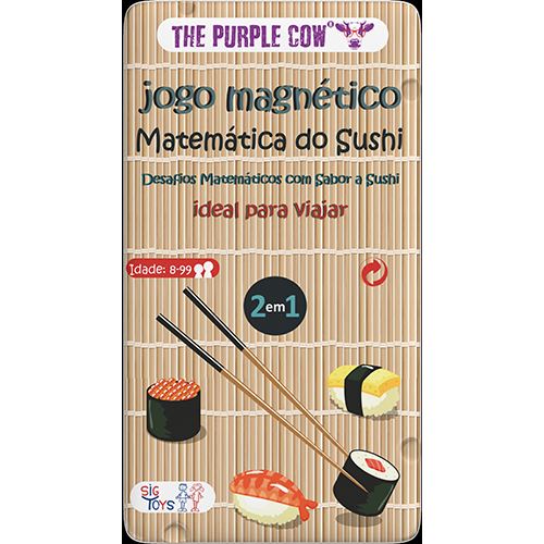 Jogo Magnético: Matemática do Sushi- The Purple Cow Embalagem jogo magnético Matemática do Sushi com imagens de sushi e pauzinhos sobre fundo de bambu