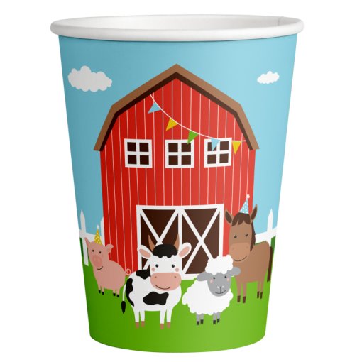 Copo descartável com desenho de celeiro vermelho e animais de quinta com chapéus de festa.