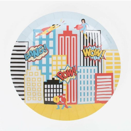 Ilustração de cidade com super-heróis e balões de fala coloridos