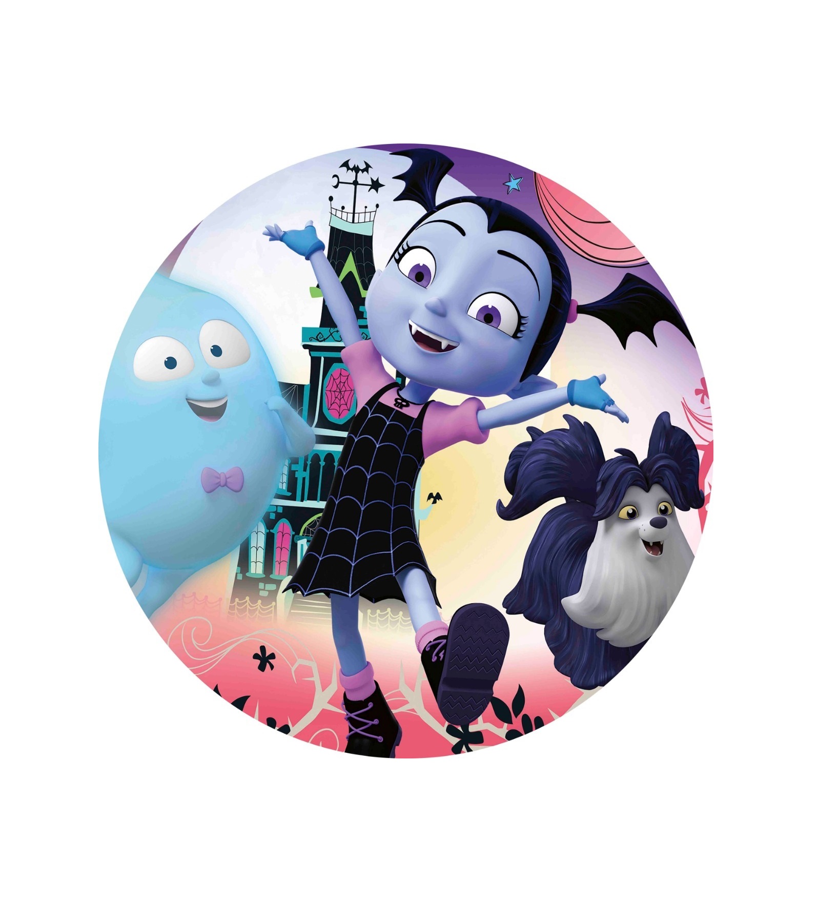 Impressão comestíveis Vampirina Personagem animada de menina vampira com fantasma e cão num fundo colorido