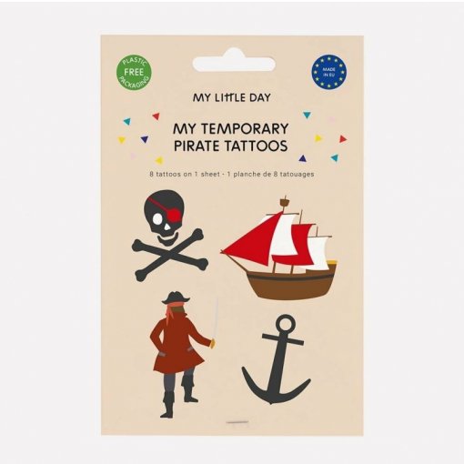 Pacote de tatuagens temporárias pirata com crânio, navio, âncora e pirata