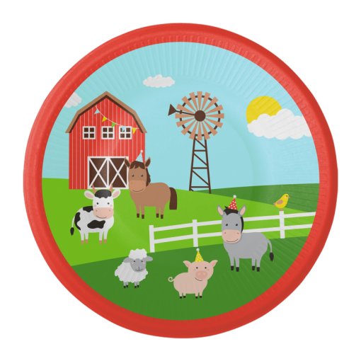 Prato infantil de papel com desenho temática de quinta e animais