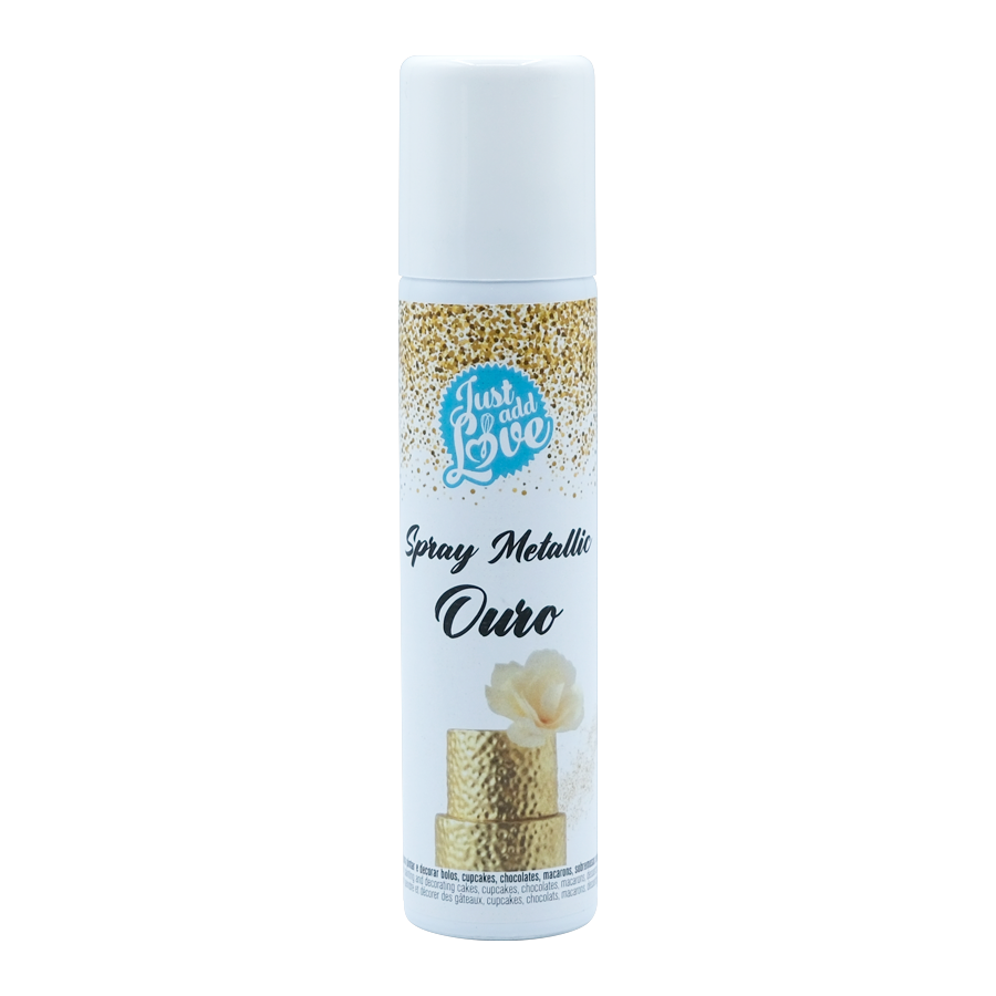 Spray Metallic Ouro Frasco de spray metálico ouro Just Add Love com imagem de bolo dourado