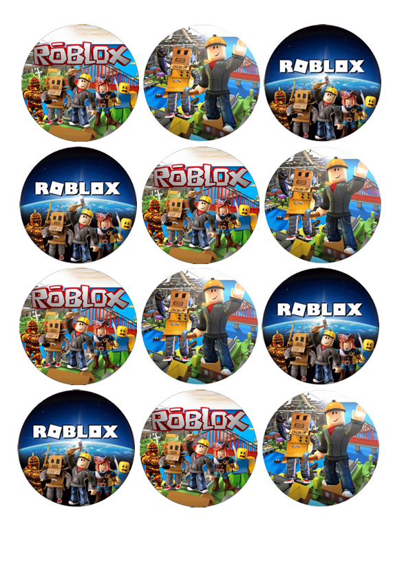 Impressão comestível Bolachas/Cupcakes Roblox Círculos com personagens e logo ROBLOX em fundos azul escuro e colorido.