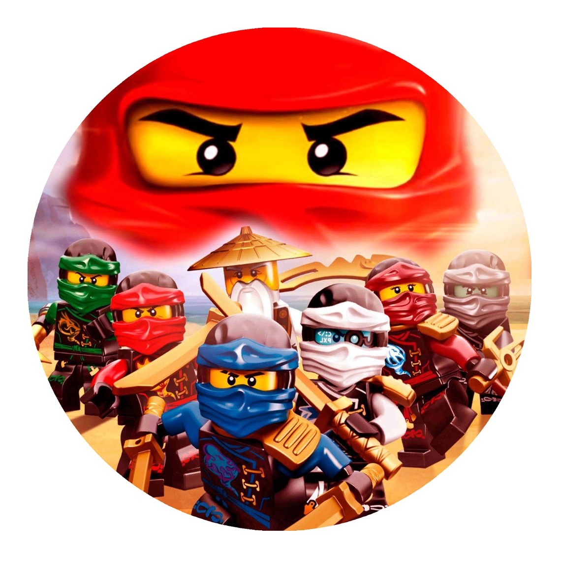 Impressão comestível Ninjago Personagens Lego Ninjago coloridos com trajes ninjas e armas em fundo quente