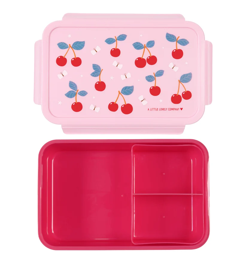 Lancheira Cerejas Marmita de plástico rosa com tampa decorada com cerejas e compartimentos internos