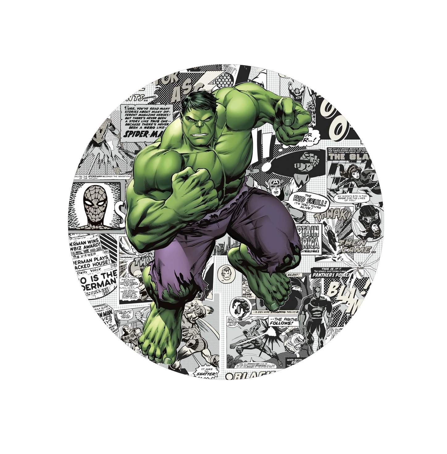 Impressão comestível Redonda HULK Imagem redonda de Hulk verde em fundo de quadrinhos preto e branco.