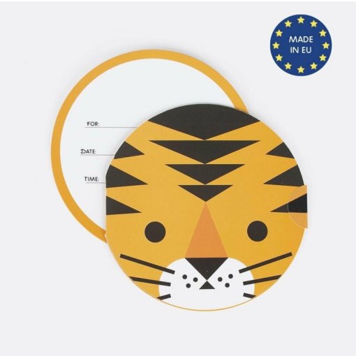 Etiqueta redonda para prenda com padrão de tigre e espaço para informações.