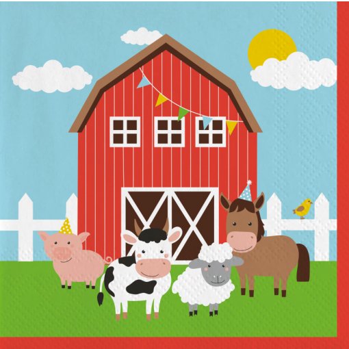 Ilustração colorida de animais de quinta e celeiro vermelho