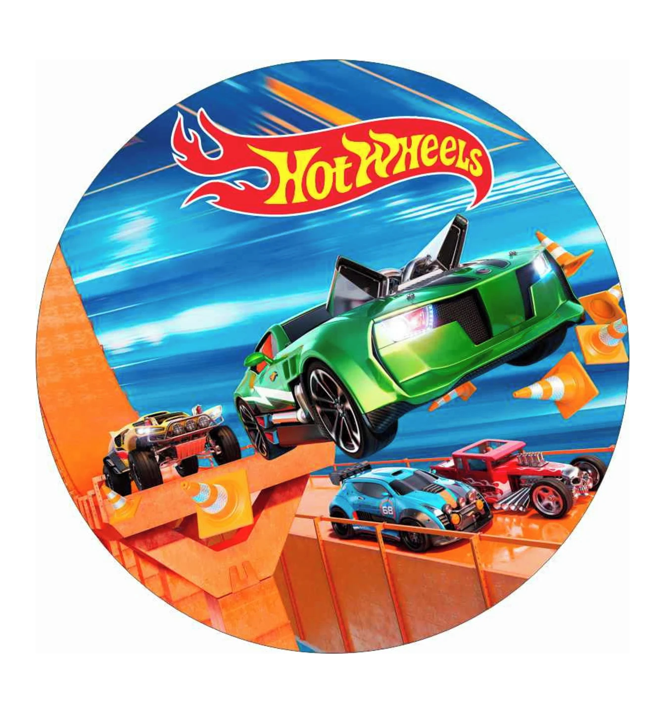Impressão comestível redonda Hotwheels Imagem circular com carros Hot Wheels e logótipo Hot Wheels
