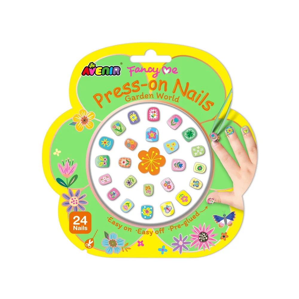 Unhas Postiças - Garden World Cartão de unhas postiças press-on coloridas com desenhos florais e embalagem amarela decorada