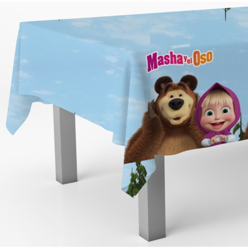 Toalha de mesa azul clara com personagens de Masha y el Oso