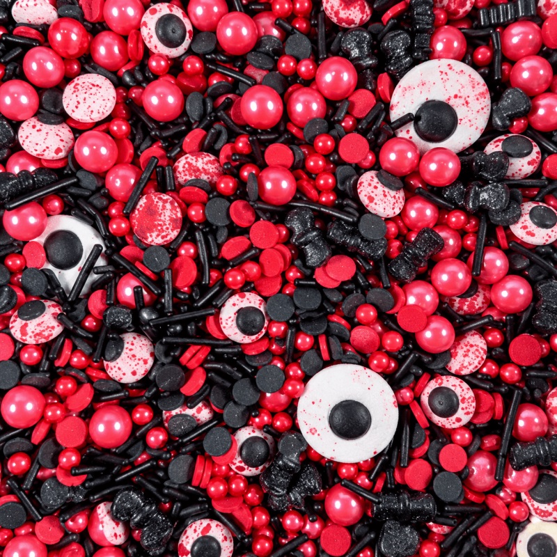 Mix Olhar sangrento 90g Mistura colorida de confeitos para bolos em vermelho, preto e branco