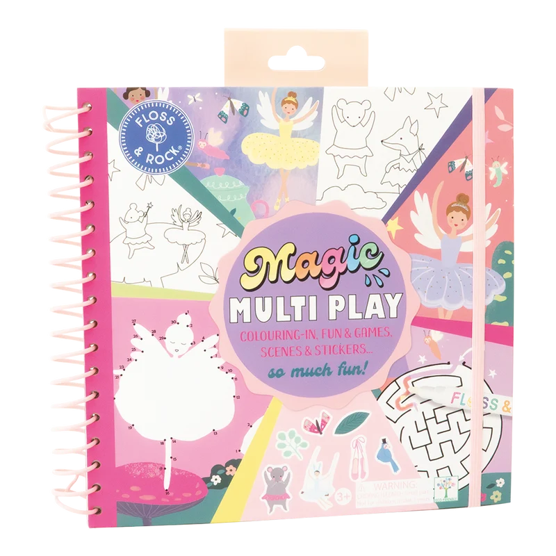 Magic Multi Play - Mundo Encantado Livro de atividades infantil Magic Multi Play com capa colorida e espiral rosa