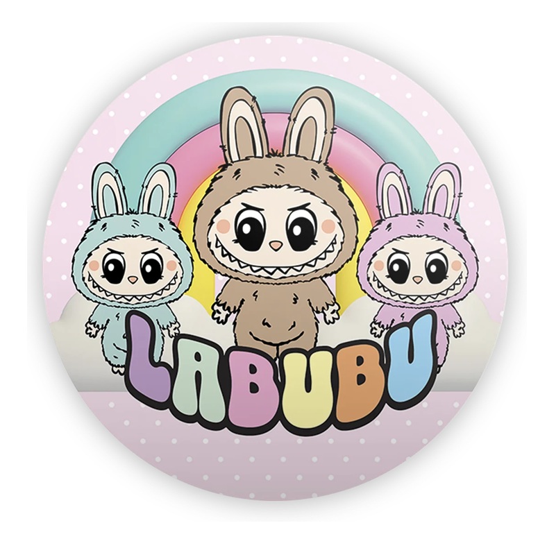 Impressão comestível redonda Labubu Botão redondo com personagens de coelho cartoon e texto LABUBU