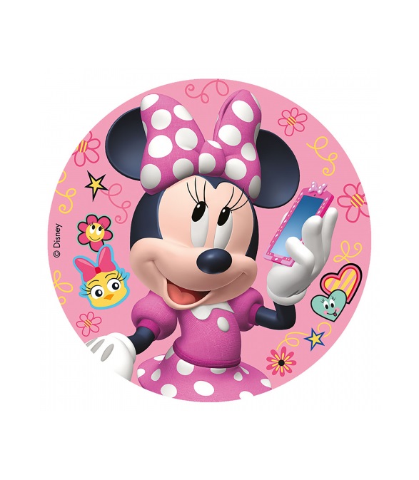 Impressão comestível Minnie Imagem circular da Minnie Mouse em fundo rosa com desenhos animados e flores.